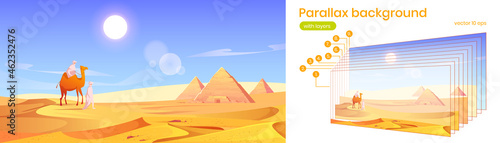Parallax background Egypt desert landscape with pyramids and bedouins with camel. Egyptian scenery view of famous landmark in gold sand dunes. Cartoon nature separated layers, Vector 2d game scene