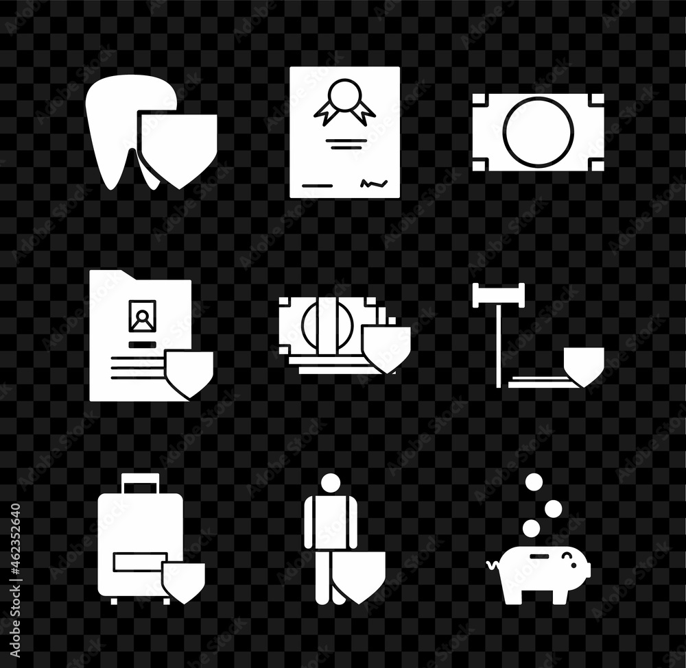Set Tooth with shield, Certificate template, Stacks paper money cash, Traveling baggage insurance, Life, Piggy bank coin, Document and Money icon. Vector Set Tooth with shield, Certificate template, Stacks paper money cash, Traveling baggage insurance, Life, Piggy bank coin, Document and Money icon. Vector