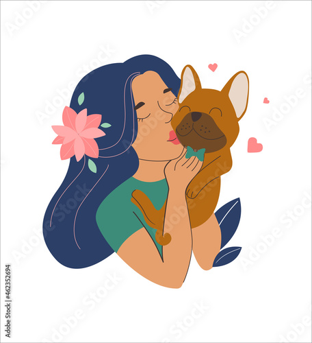 The cartoon girl and dog in love is good for friendship and pet day