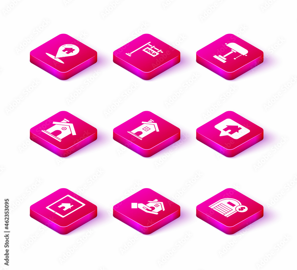 Set Tablet and smart home, Realtor, House, Home symbol, Warehouse with dollar, Map pointer, lamp and Hanging sign text Sold icon. Vector Set Tablet and smart home, Realtor, House, Home symbol, Warehouse with dollar, Map pointer, lamp and Hanging sign text Sold icon. Vector