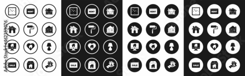 Set House, Paint roller brush, Clock, Hanging sign with text Online Rent, Table lamp and Computer monitor smart home icon. Vector