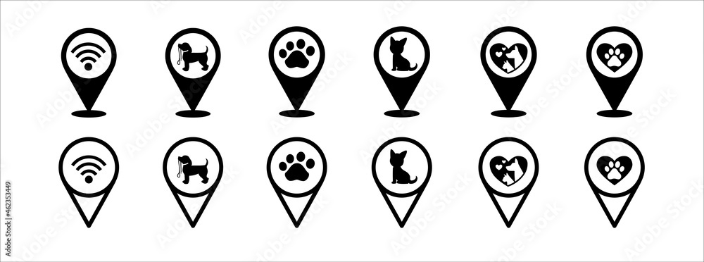 Pet store map pin icon set. Vet or veterinary location pin map marker icons  set.Contains icon such as wifi, dog, cat, paw print. Stock Vector | Adobe  Stock