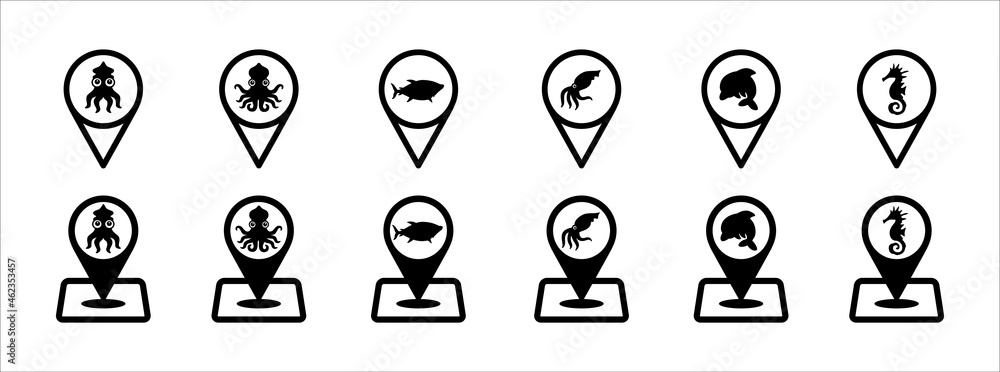 Ocean park map pin icon set. Water park zoo location pin map marker icons set. Seafood market or store place mark. Ocean park map pin icon set. Water park zoo location pin map marker icons set. Seafood market or store place mark.