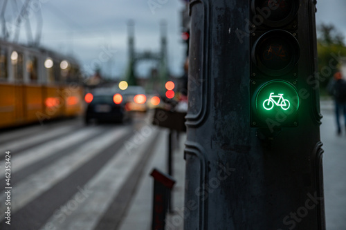 green sign for bicycles on the streets of the city of Budapest 