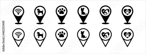 Pet store map pin icon set. Vet or veterinary location pin map marker icons set.Contains icon such as wifi, dog, cat, paw print.