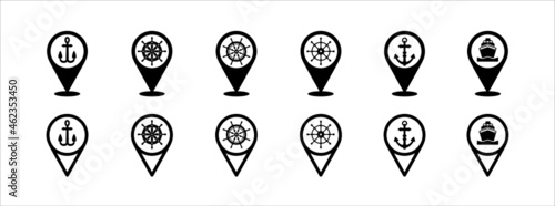 Harbor map pin icon set. Ship dock location pin map marker icons set. Contains icon such as ship steering wheel, anchor, container ship.