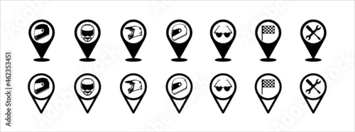 Helmet map pin icon set. Motorcycle repair workshop location pin map marker icons set. Mountain bike trail motorcycle track place.