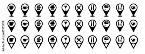 Restaurant map pin icon set. Cafe and bakery location pin map marker icons set. Wine and food restaurant place mark.