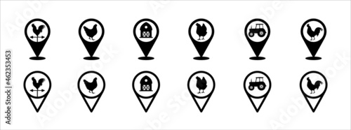 Farm map pin icon set. Farm land location pin map marker icons set. Chicken and rooster poultry place mark.