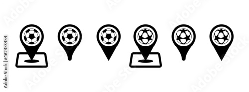 Football field stadium map pin icon set. Soccer stadium location pin map marker icons set. Sport equipment store place mark.