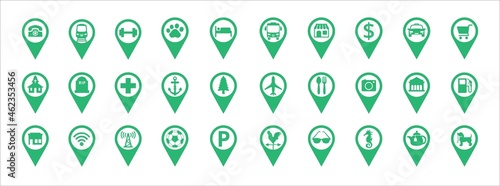 Travel and destination pin icon set. Map pin marker in the city facility icons set. Contain location of farm, seafood market and restaurant, museum, park, soccer, gas station and more