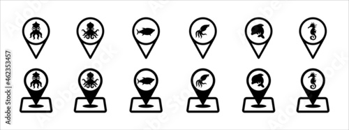 Ocean park map pin icon set. Water park zoo location pin map marker icons set. Seafood market or store place mark.