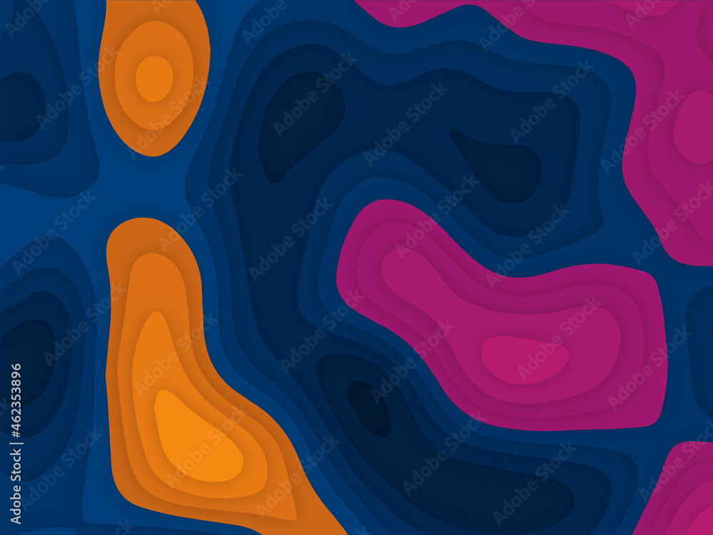 Abstract blue pink and yellow paper cut background. Topographic canyon map light relief texture, curved layers and shadow. 3d multi color papercut background Abstract blue pink and yellow paper cut background. Topographic canyon map light relief texture, curved layers and shadow. 3d multi color papercut background