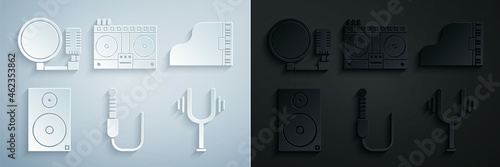 Set Audio jack, Grand piano, Stereo speaker, Musical tuning fork, DJ remote playing mixing music and Microphone icon. Vector