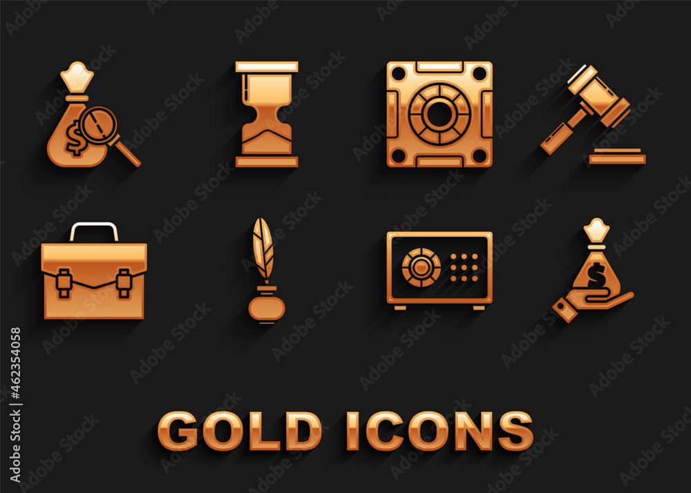 Set Feather and inkwell, Judge gavel, Hand holding money bag, Safe, Briefcase, Money magnifying glass and Old hourglass icon. Vector Set Feather and inkwell, Judge gavel, Hand holding money bag, Safe, Briefcase, Money magnifying glass and Old hourglass icon. Vector