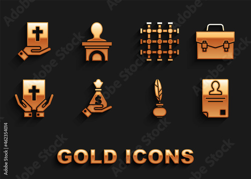 Set Hand holding money bag, Briefcase, Identification badge, Feather inkwell, Oath Holy Bible, Prison window, and Stage stand or debate podium rostrum icon. Vector