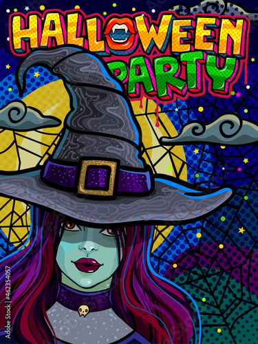 Halloween illustration. Witch in black hat with Halloween Party