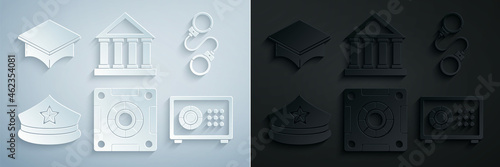 Set Safe, Handcuffs, Police cap with cockade, Courthouse building and Graduation icon. Vector