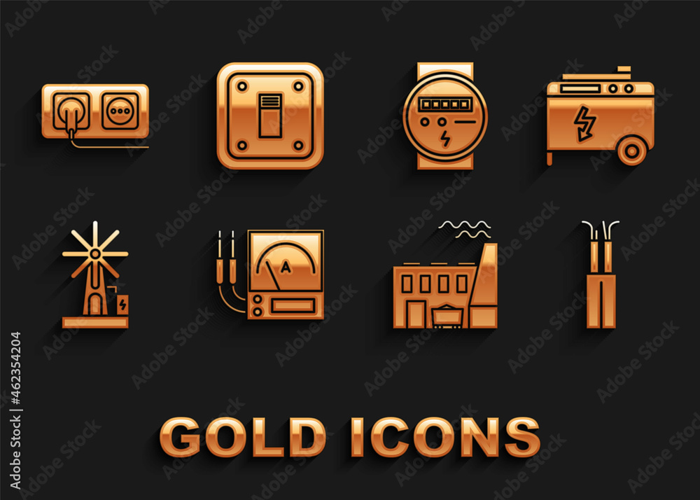 Set Ampere meter, multimeter, voltmeter, Portable power electric generator, Electric cable, Coal plant and factory, Wind turbine, Electrical outlet and light switch icon. Vector Set Ampere meter, multimeter, voltmeter, Portable power electric generator, Electric cable, Coal plant and factory, Wind turbine, Electrical outlet and light switch icon. Vector