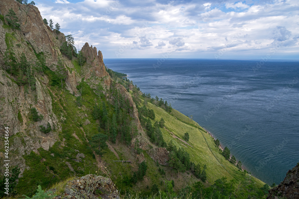 View of Lake Baikal from the coastal mountain slope.