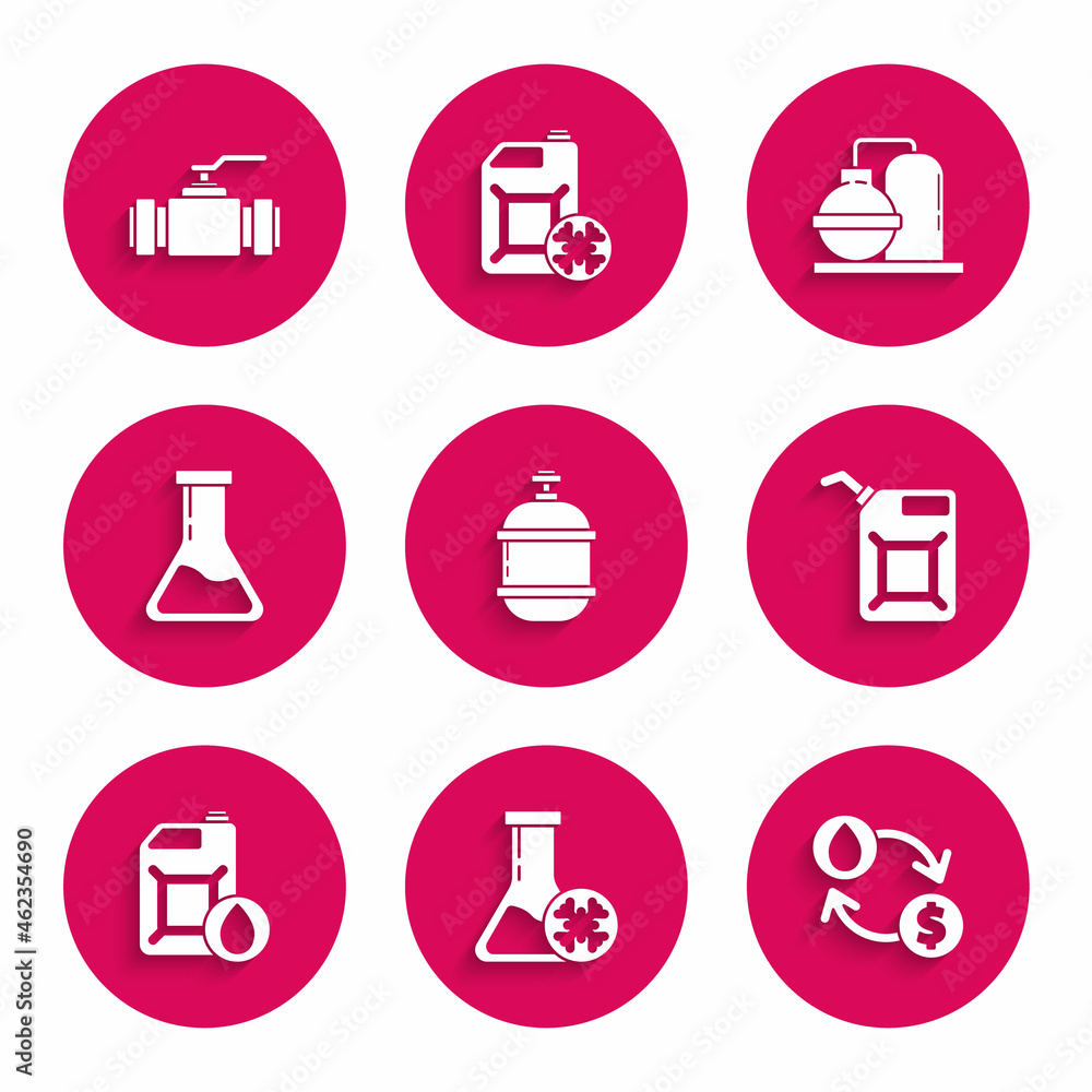 Set Propane gas tank, Oil exchange, water transfer, convert, Canister for gasoline, motor machine oil, Test and flask, industrial factory building and Industry metallic pipes valve icon. Vector Set Propane gas tank, Oil exchange, water transfer, convert, Canister for gasoline, motor machine oil, Test and flask, industrial factory building and Industry metallic pipes valve icon. Vector