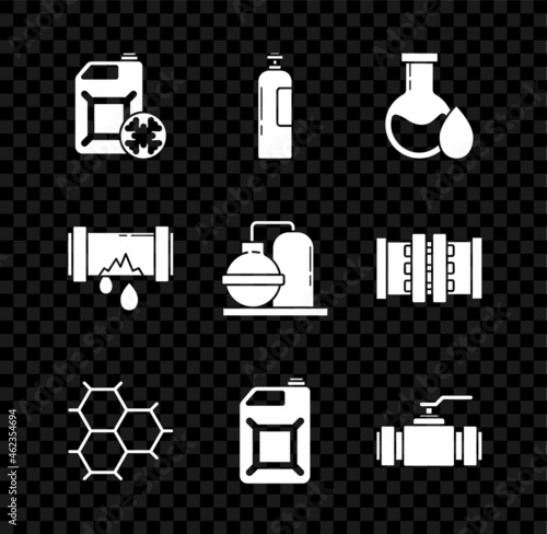 Set Antifreeze canister, Chemical formula consisting of benzene rings, Canister gasoline, Industry metallic pipes and valve, Broken with leaking water and industrial factory building icon. Vector