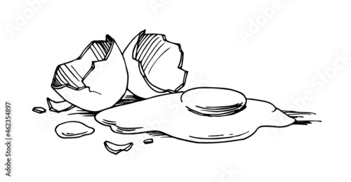 scrambled eggs for breakfast, broken shell, eggnog ingredient, vector illustration with contour lines in black ink isolated on a white background in a hand drawn style