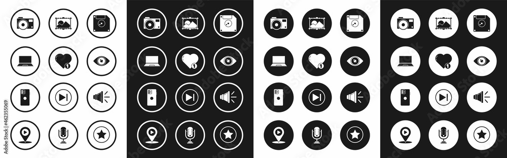 Set Floppy disk for computer data storage, Like and heart, Laptop, Photo camera, Eye, Picture landscape, Speaker volume and Smartphone, mobile phone icon. Vector Set Floppy disk for computer data storage, Like and heart, Laptop, Photo camera, Eye, Picture landscape, Speaker volume and Smartphone, mobile phone icon. Vector