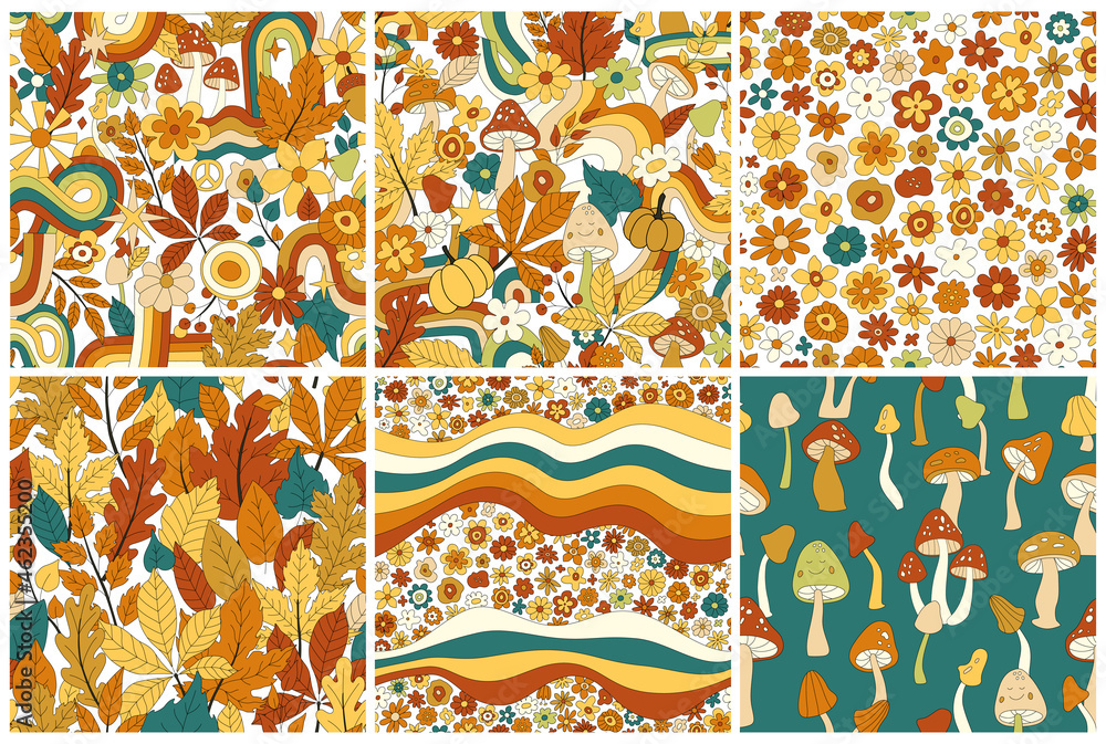 70s groovy hippie retro seamless pattern set. Vintage floral vector pattern collection. Wavy floral background with rainbow, leaves, mushroom,pumpkin,flowers. Doodle hippie print for wallpaper, fabric