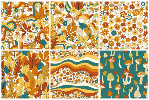 70s groovy hippie retro seamless pattern set. Vintage floral vector pattern collection. Wavy floral background with rainbow, leaves, mushroom,pumpkin,flowers. Doodle hippie print for wallpaper, fabric