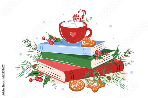 Books, cup coffee or cocoa with winter leaves and cookies on white background.  Vector illustration for a New Year and Christmas background