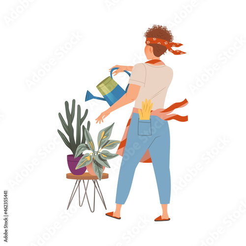 Man watering potted houseplants. Househusband doing daily routine cartoon vector illustration