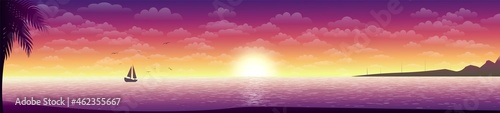 Sea sunset. Panoramic view of ocean coast at dusk.