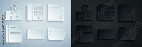 Set Laptop, Blank notebook and pen, File document, Document folder, Telephone and Binder clip icon. Vector