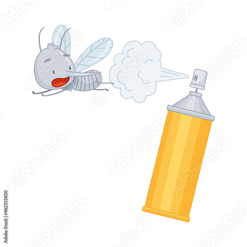 Cute mosquito flying away from insect reppelent bottle. Adorable parasitic insect funny character cartoon vector illustration