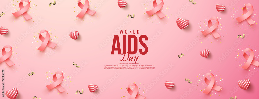 World aids day with red ribbon and gold foil 