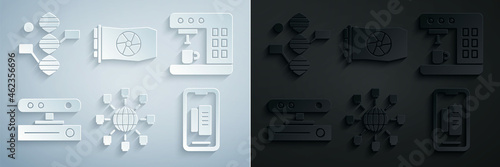 Set Social network, Coffee machine, Motion sensor, Smartphone, mobile phone, Video graphic card and DNA symbol icon. Vector