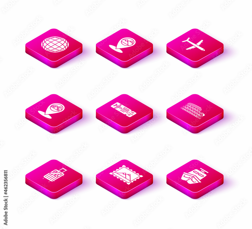 Set Suitcase for travel and stickers, Postal stamp Mountains, Map pointer with Egypt pyramids, Airline ticket, Ship, Coliseum Rome, Italy, Plane and mountain icon. Vector Set Suitcase for travel and stickers, Postal stamp Mountains, Map pointer with Egypt pyramids, Airline ticket, Ship, Coliseum Rome, Italy, Plane and mountain icon. Vector