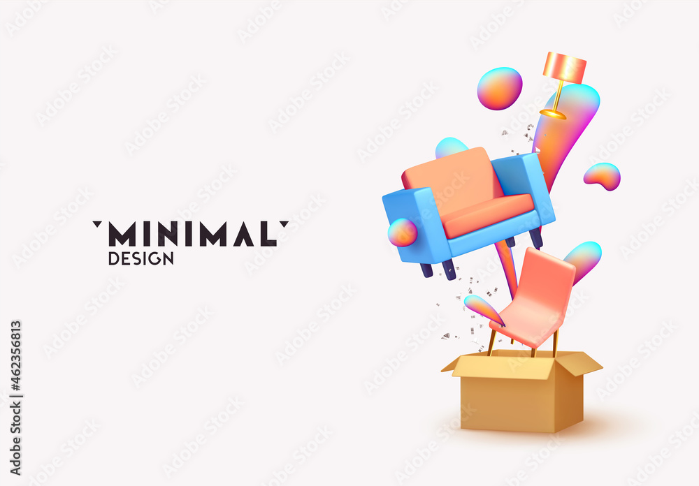 Abstract minimal design with realistic 3d objects. Open cardboard box with furniture armchair, chair and table lamp, move and delivery concept. Creative poster, banner. Vector illustration Abstract minimal design with realistic 3d objects. Open cardboard box with furniture armchair, chair and table lamp, move and delivery concept. Creative poster, banner. Vector illustration