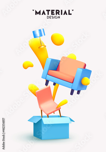 Abstract minimal design with realistic 3d objects. Open cardboard box with furniture armchair, chair and table lamp, move and delivery concept. Creative poster, banner. Vector illustration