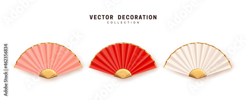Chinese and Japanese traditional fan paper and bamboo realistic 3d design  collection in three colors pink  white and red. Set is isolated on white background. Vector illustration