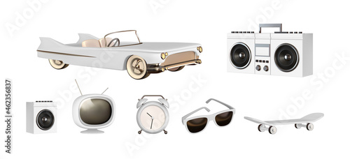 Set of realistic 3d design objects, white convertible car, retro tape recorder, modern sun goggles, vintage TV, sports skateboard, music column, alarm clock. Vector illustration