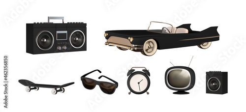 Set of realistic 3d design objects, black convertible car, retro tape recorder, modern sun goggles, vintage TV, sports skateboard, music column, alarm clock. Vector illustration