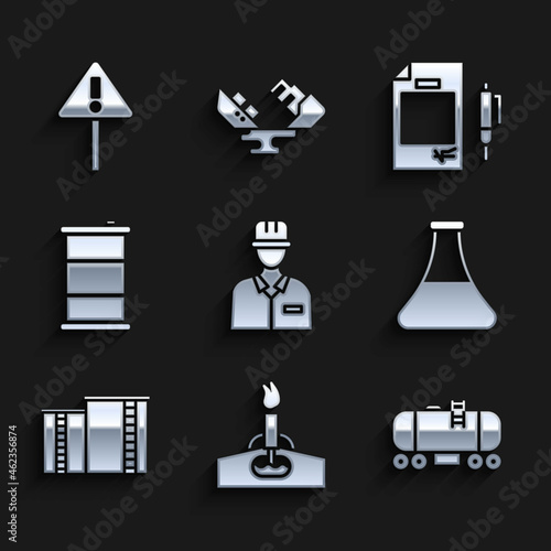 Set Oilman, rig with fire, railway cistern, petrol test tube, industrial factory building, Barrel oil, Contract money and pen and Exclamation mark triangle icon. Vector