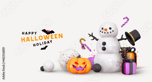 Happy Halloween background. Realistic 3d design objects snowman, gifts boxes. Orange pumpkins with emotion on his face scary smile. Creative Holiday Banner, web poster. Vector illustration