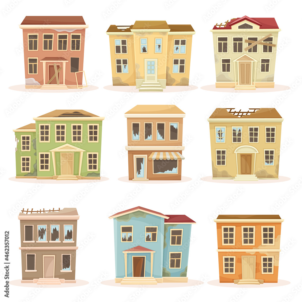 Old abandoned residential houses set. Facades of ecaying suburban cottages cartoon vector illustration