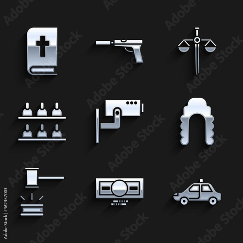 Set Security camera, Stacks paper money cash, Police car and flasher, Judge wig, gavel, Jurors, Scales of justice and Holy bible book icon. Vector
