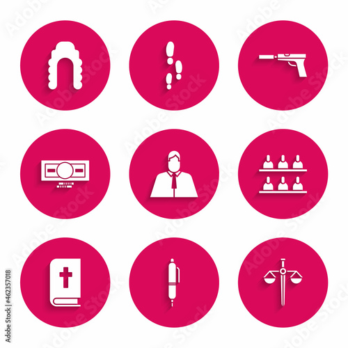 Set Lawyer, attorney, jurist, Pen, Scales of justice, Jurors, Holy bible book, Stacks paper money cash, Pistol gun with silencer and Judge wig icon. Vector