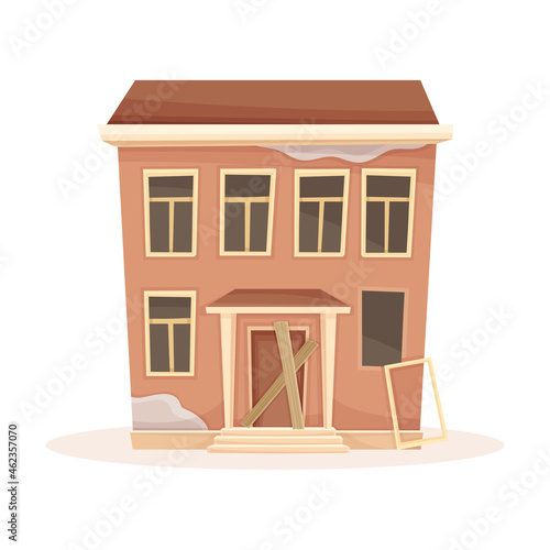 Facade of abandoned two storey house with broken windows and door boarded up. Old suburban cottage cartoon vector illustration