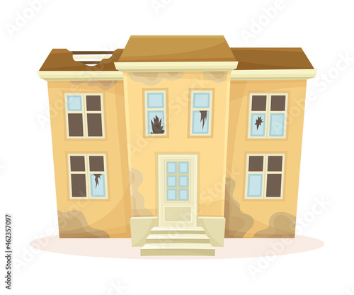 Facade of abandoned two storey house with broken windows and roof. Old suburban cottage cartoon vector illustration